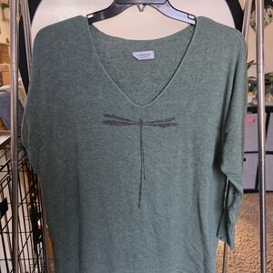 C'Melodie Forest Green Quarter Sleeve Tee with Dragonfly Motif